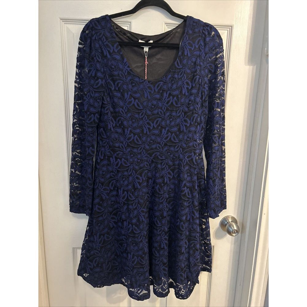 NWT! Umgee Midnight Blue Lace Fit and Flare Dress with Tulle Hem, Long Sleeves L